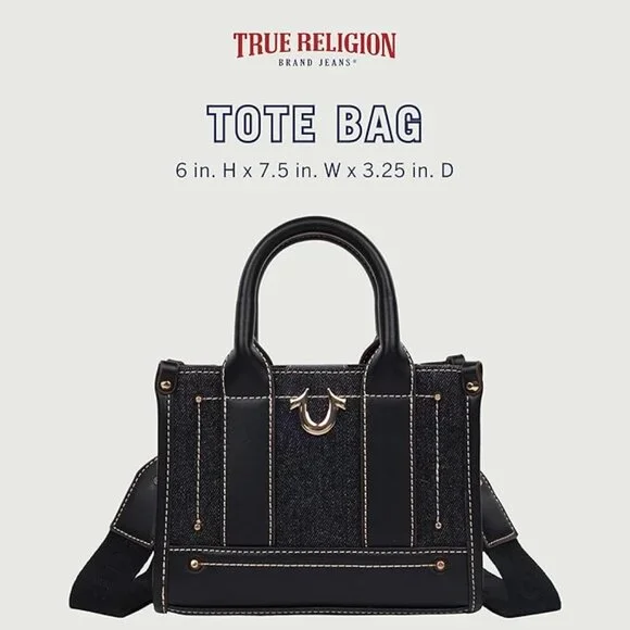 True Religion Structured Black Denim Logo Crossbody Mini Tote - Picture 2 of 5